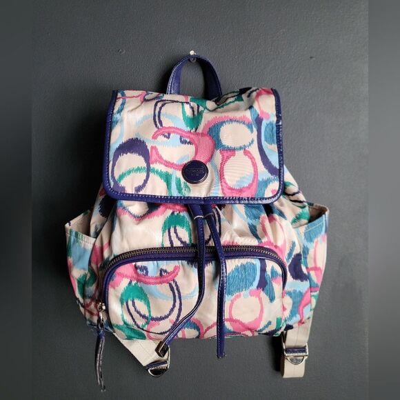Vintage Coach IKat Print Multi Color Nylon Drawstring Backpack Rucksak F24451 - Picture 1 of 15